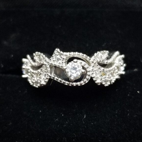 Vintage Sterling Silver and Rhinestone Inset Ring Size 7 1/2 Band, Scroll Design - Picture 1 of 9